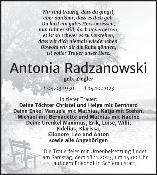 Traueranzeige von Antonia Radzanowski Radzanowski von Trauerkombi Bitterfeld
