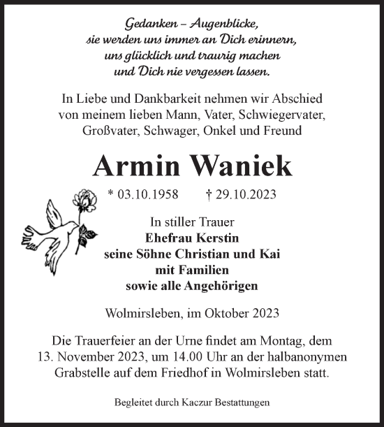Traueranzeige von Armin Waniek von Volksstimme Staßfurt