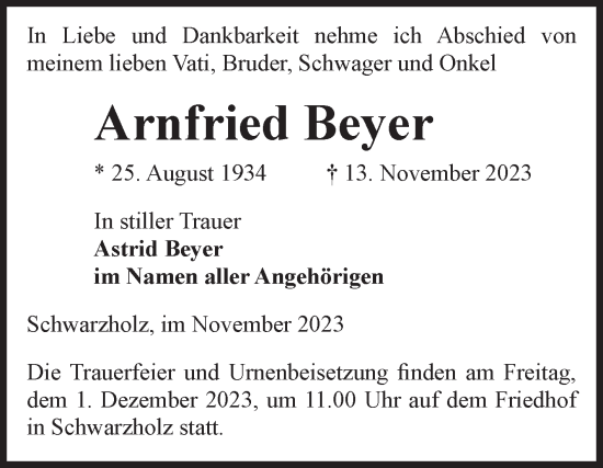 Traueranzeige von Arnfried Beyer von Volksstimme Altmark Ost