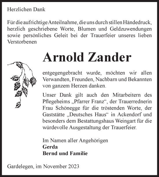 Traueranzeige von Arnold Zander von Volksstimme Altmark West