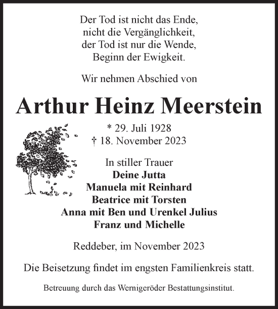 Traueranzeige von Arthur Heinz Meerstein von Volksstimme Wernigerode