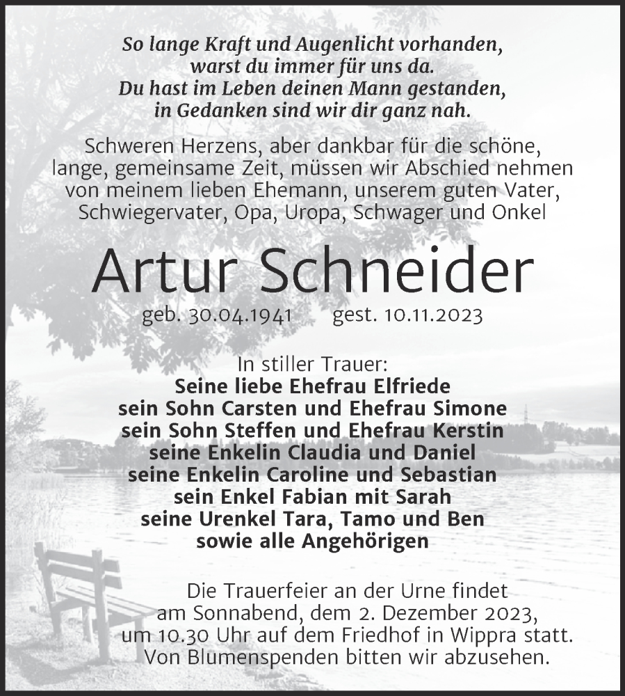  Traueranzeige für Artur Schneider vom 17.11.2023 aus Trauerkombi Mansfelder Land