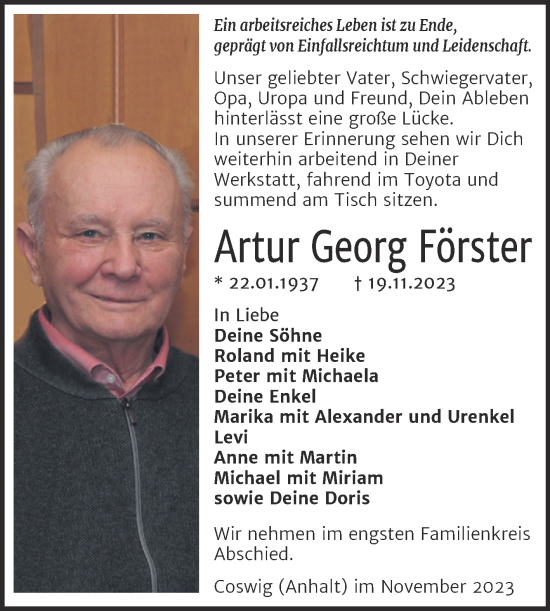 Traueranzeige von Artur Georg Förster von Trauerkombi Wittenberg