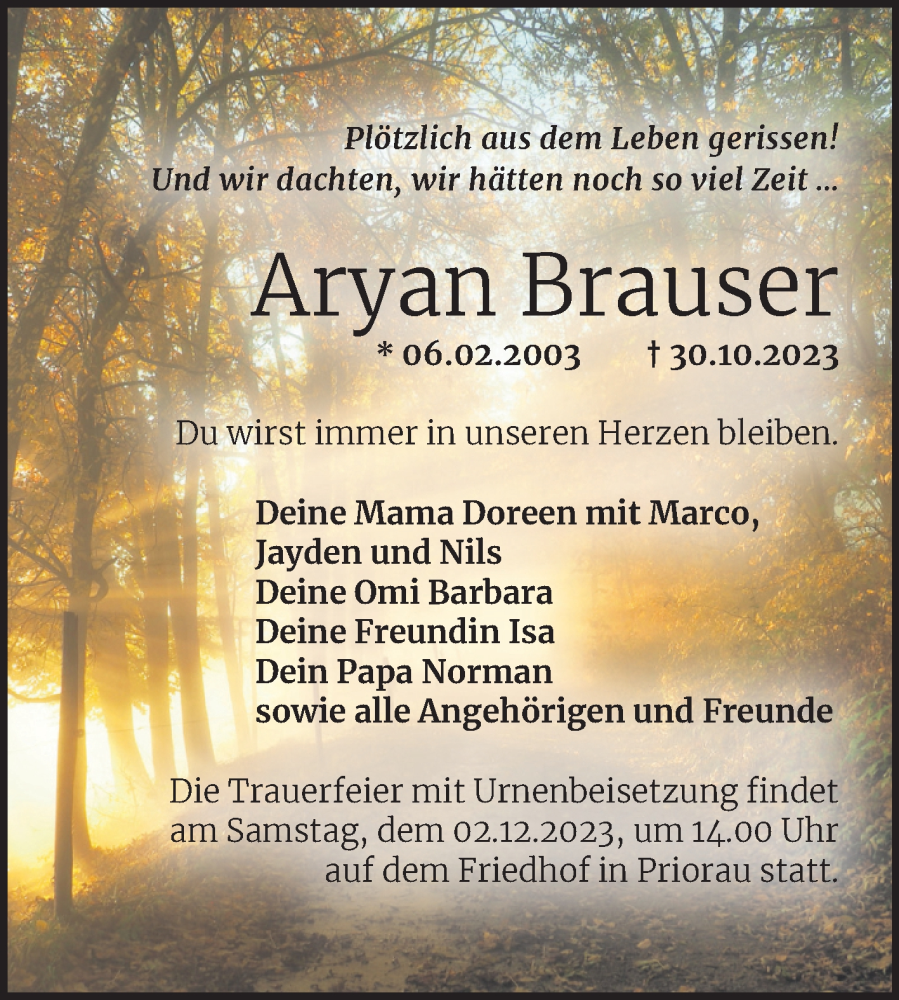  Traueranzeige für Aryan Brauser vom 18.11.2023 aus Trauerkombi Bitterfeld