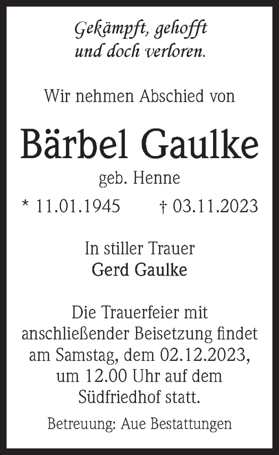 Traueranzeige von Bärbel Gaulke von Volksstimme Magdeburg