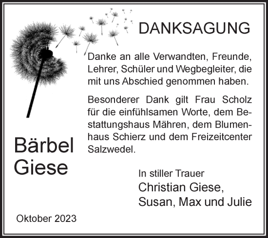 Traueranzeige von Bärbel Giese von Volksstimme Altmark West