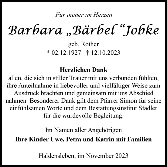 Traueranzeige von Barbara Jobke von Volksstimme Haldensleben/Wolmirstedt