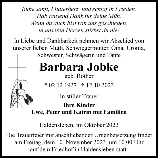 Traueranzeige von Barbara Jobke von Volksstimme Haldensleben/Wolmirstedt