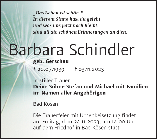 Traueranzeige von Barbara Schindler von Wochenspiegel Naumburg/Nebra