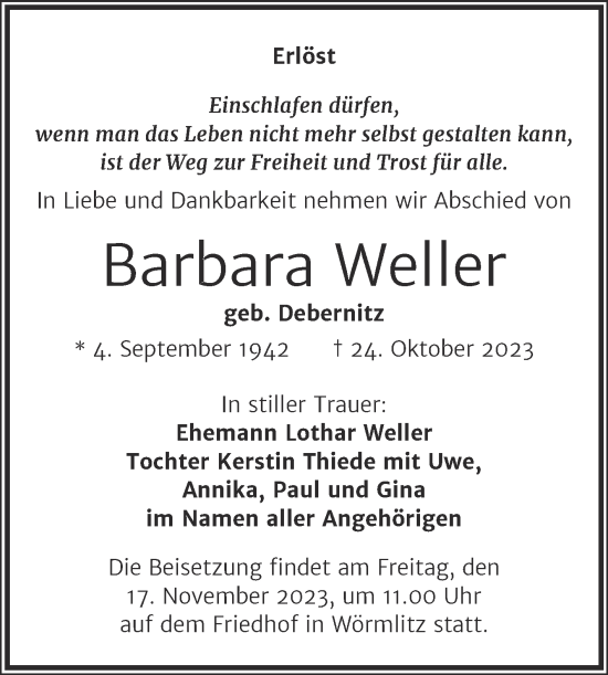 Traueranzeige von Barbara Weller von Mitteldeutsche Zeitung Halle/Saalkreis