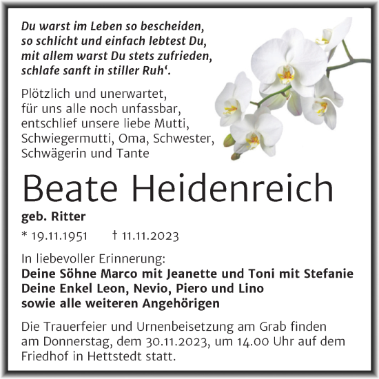 Traueranzeige von Beate Heidenreich von Trauerkombi Mansfelder Land