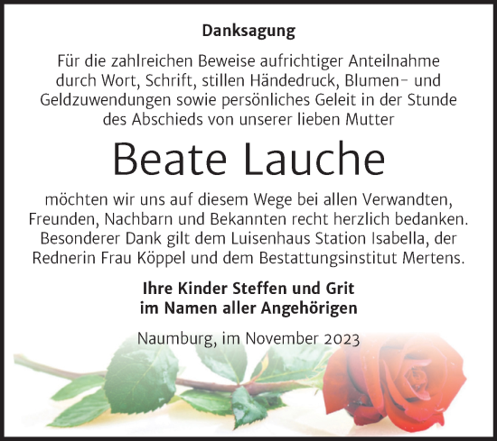 Traueranzeige von Beate Lauche von Wochenspiegel Naumburg/Nebra
