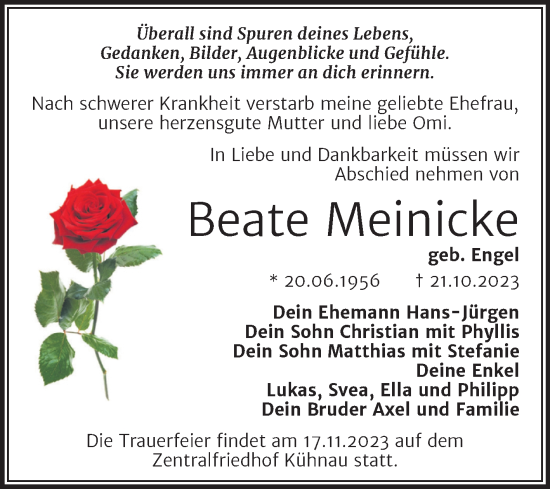 Traueranzeige von Beate Meinicke von Trauerkombi Dessau