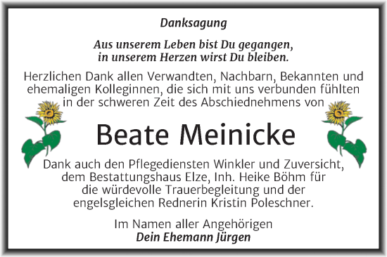 Traueranzeige von Beate Meinicke von Trauerkombi Dessau