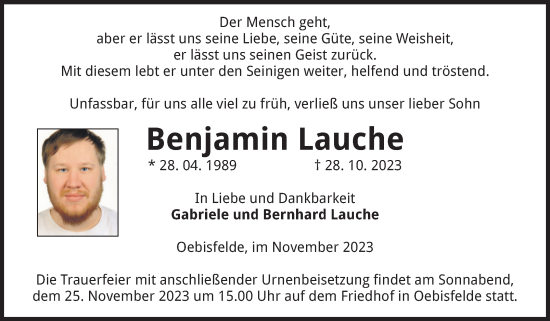 Traueranzeige von Benjamin Lauche von Volksstimme Altmark West