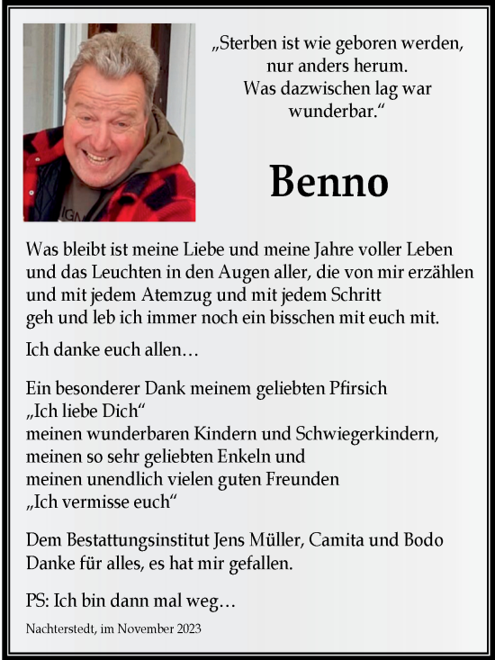 Traueranzeige von Benno  von Trauerkombi Aschersleben
