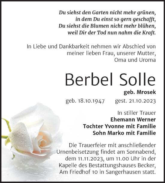 Traueranzeige von Berbel Solle von Trauerkombi Sangerhausen