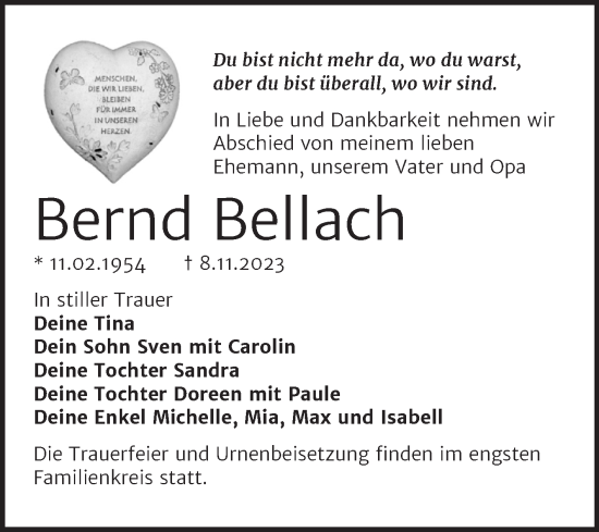 Traueranzeige von Bernd Bellach von Trauerkombi Wittenberg