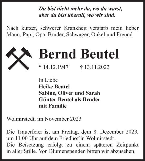 Traueranzeige von Bernd Beutel von Volksstimme Haldensleben/Wolmirstedt