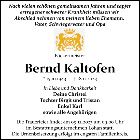 Traueranzeige von Bernd Kaltofen von Trauerkombi Bitterfeld