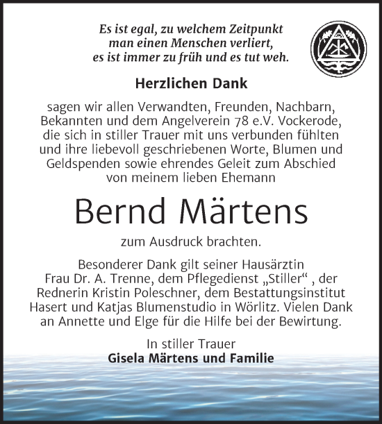 Traueranzeige von Bernd Märtens von Trauerkombi Wittenberg