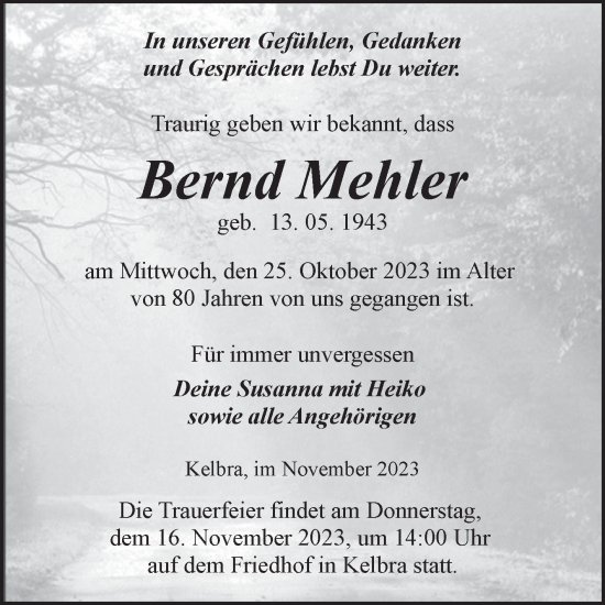 Traueranzeige von Bernd Mehler von Trauerkombi Sangerhausen