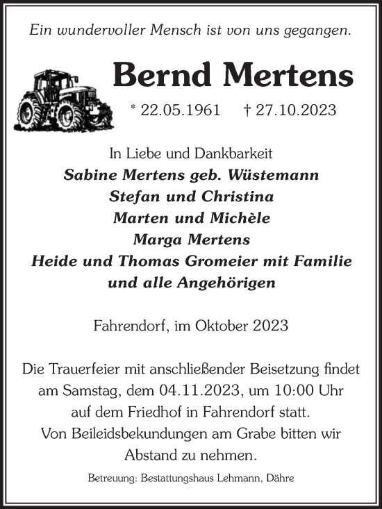 Traueranzeige von Bernd Mertens von Volksstimme Altmark West