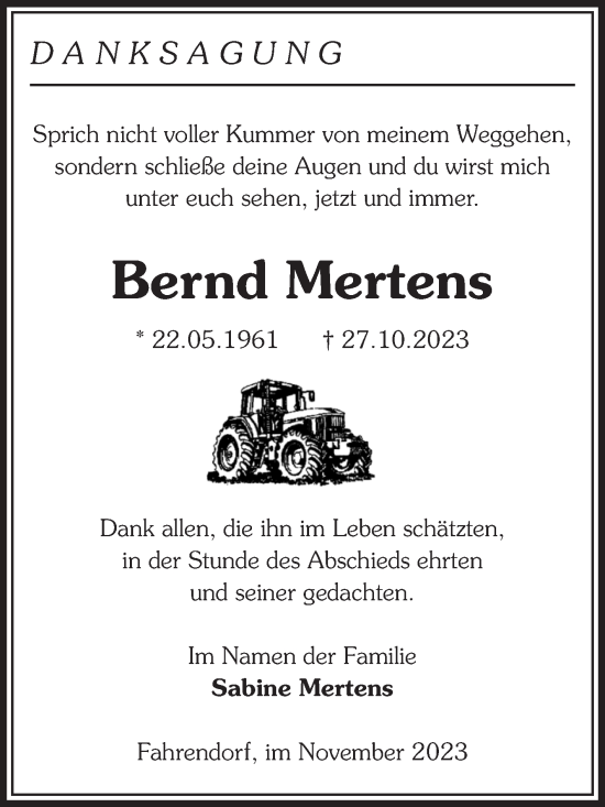 Traueranzeige von Bernd Mertens von Volksstimme Altmark West