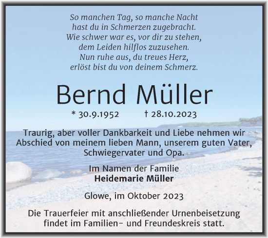 Traueranzeige von Bernd Müller von Mitteldeutsche Zeitung Halle/Saalkreis
