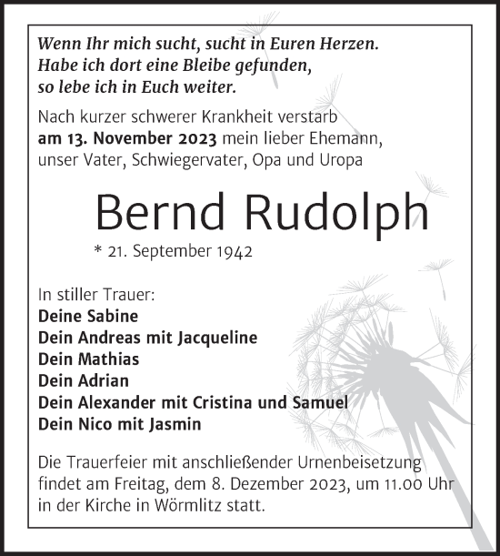 Traueranzeige von Bernd Rudolph von Mitteldeutsche Zeitung Halle/Saalkreis