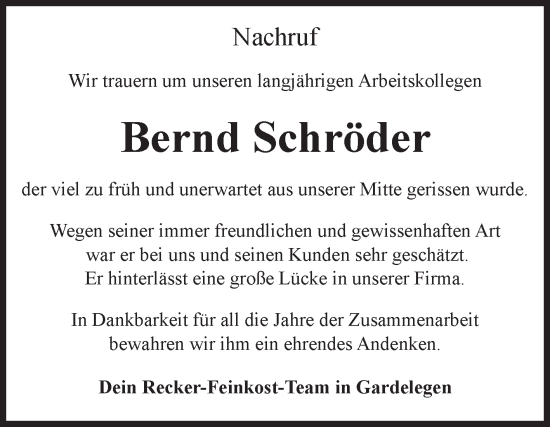 Traueranzeige von Bernd Schröder von Volksstimme Magdeburg
