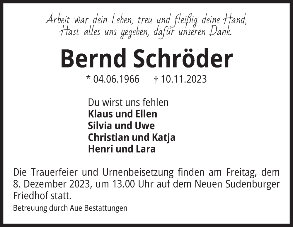  Traueranzeige für Bernd Schröder vom 18.11.2023 aus Volksstimme Magdeburg