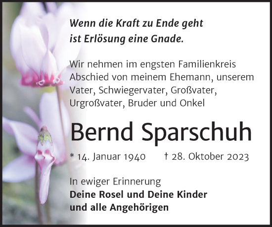 Traueranzeige von Bernd Sparschuh von Trauerkombi Zeitz