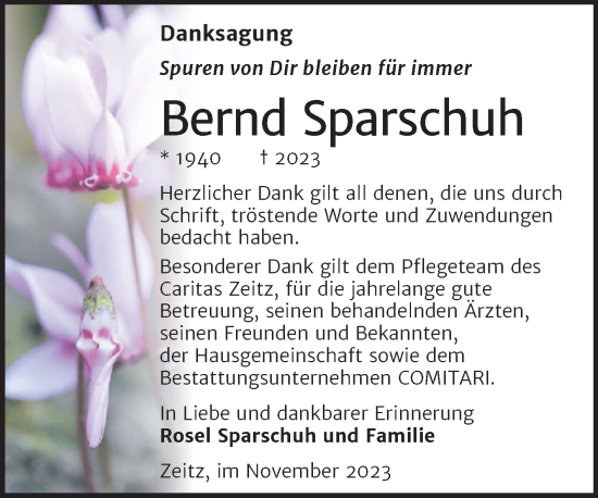 Traueranzeige von Bernd Sparschuh von Trauerkombi Zeitz