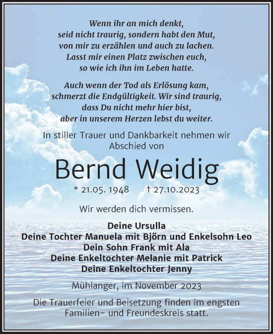 Traueranzeige von Bernd Weidig von Trauerkombi Wittenberg