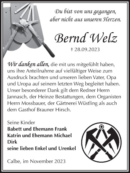 Traueranzeige von Bernd Welz von Volksstimme Schönebeck
