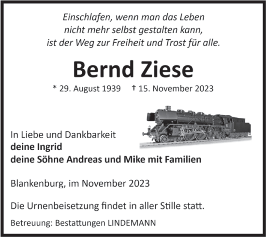 Traueranzeige von Bernd Ziese von Volksstimme Wernigerode