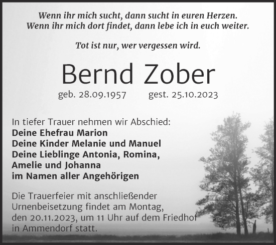 Traueranzeige von Bernd Zober von Mitteldeutsche Zeitung Halle/Saalkreis
