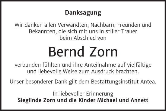 Traueranzeige von Bernd Zorn von Trauerkombi Zeitz