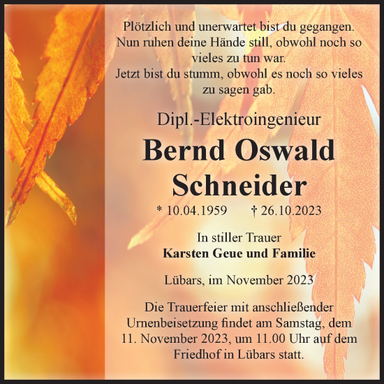 Traueranzeige von Bernd Oswald Schneider von Volksstimme Burg/Genthin