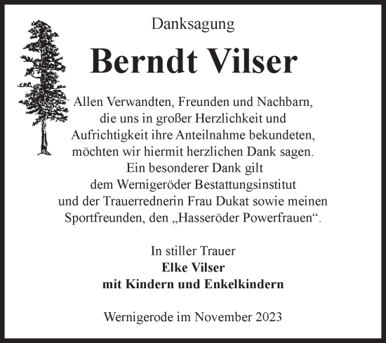 Traueranzeige von Berndt Vilser von Volksstimme Wernigerode