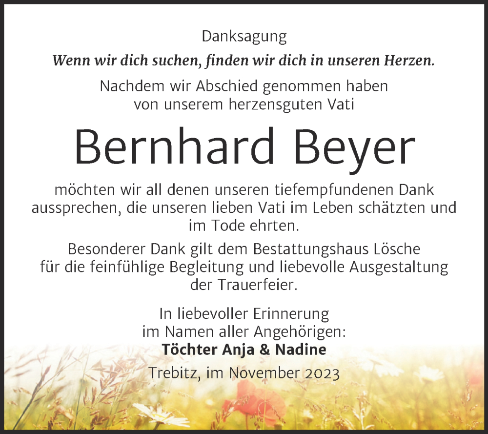  Traueranzeige für Bernhard Beyer vom 18.11.2023 aus Trauerkombi Wittenberg