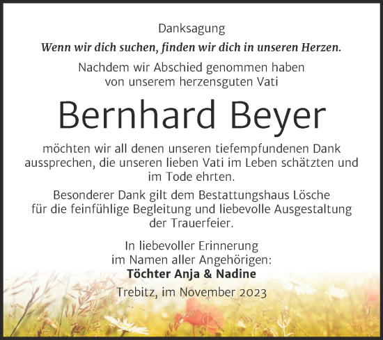 Traueranzeige von Bernhard Beyer von Trauerkombi Wittenberg