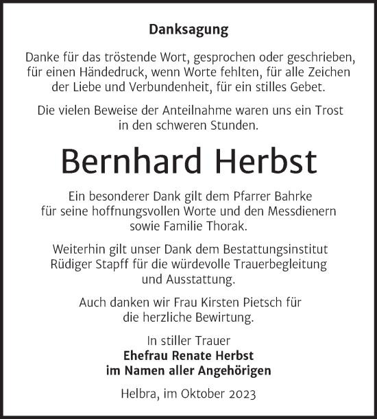 Traueranzeige von Bernhard Herbst von Trauerkombi Mansfelder Land