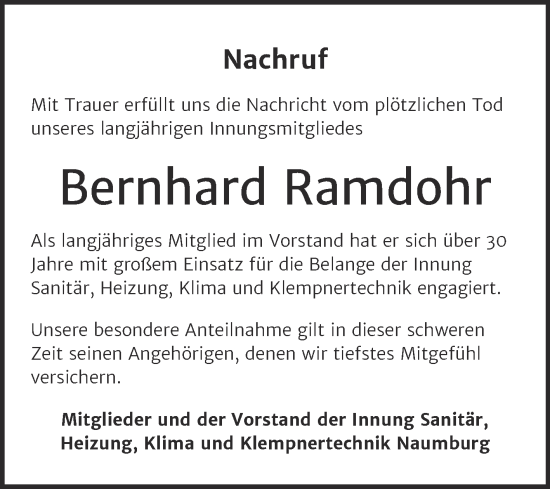 Traueranzeige von Bernhard Ramdohr von Wochenspiegel Naumburg/Nebra