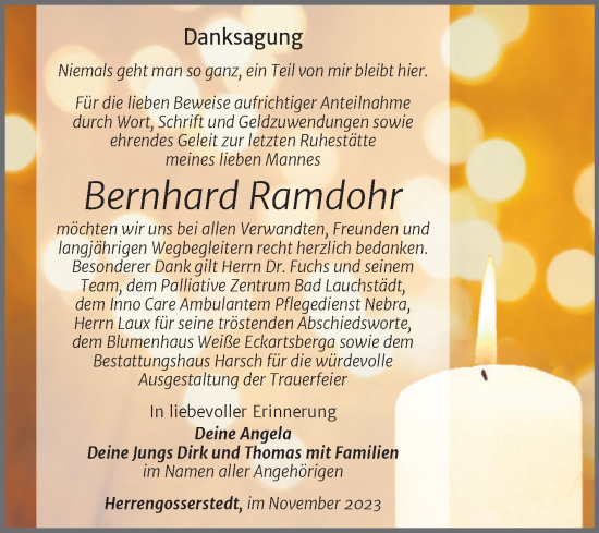 Traueranzeige von Bernhard Ramdohr von Wochenspiegel Naumburg/Nebra