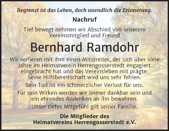 Traueranzeige von Bernhard Ramdohr von Wochenspiegel Naumburg/Nebra