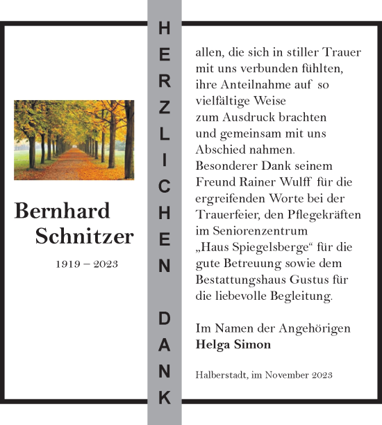 Traueranzeige von Bernhard Schnitzer von Volksstimme Halberstadt