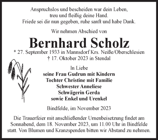 Traueranzeige von Bernhard Scholz von Volksstimme Altmark Ost