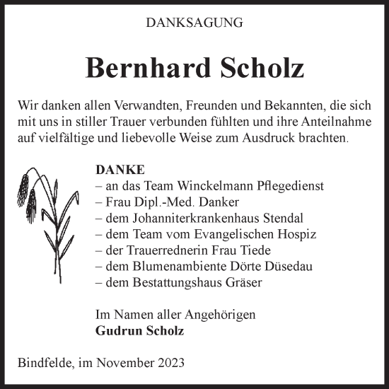Traueranzeige von Bernhard Scholz von Volksstimme Altmark Ost